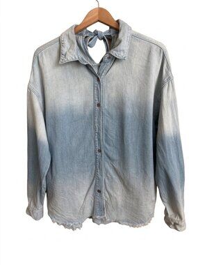Bow Back Denim Button Down Shirt Light Wash Raw Hem Hidden Jeans XS Oversized